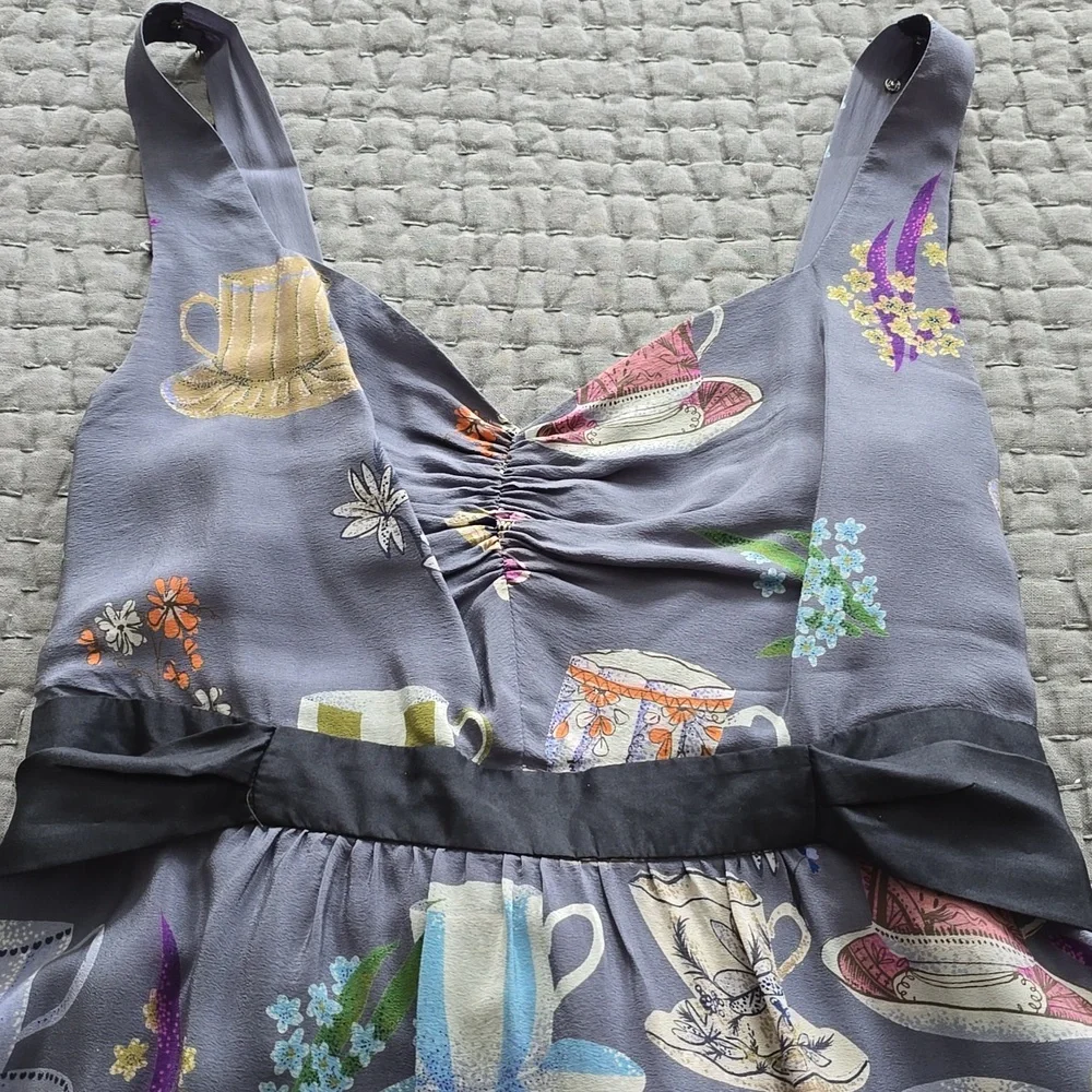 Anthropologie Dress By FLOREAT Teacup Print Purple Silk "Sugar & Cream Dress" - Picture 16 of 16